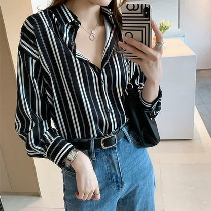 Stripe Print Long Sleeve Chiffon Shirt Workwear