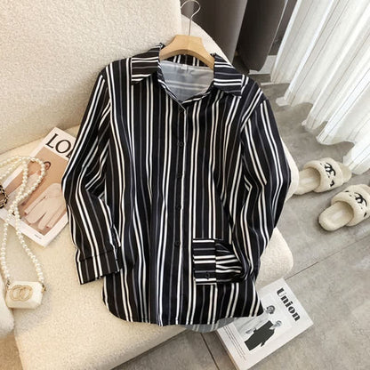 Stripe Print Long Sleeve Chiffon Shirt Workwear - Black / S