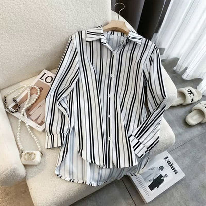 Stripe Print Long Sleeve Chiffon Shirt Workwear - White / S