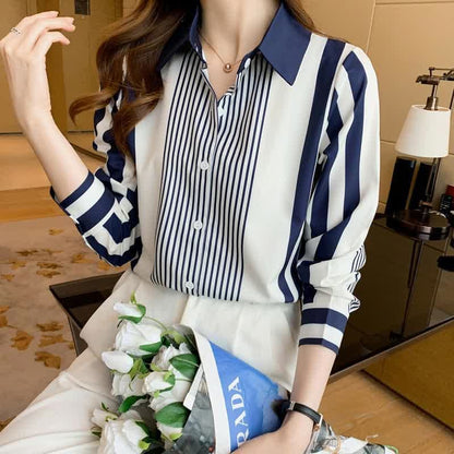 Stripe Print Long Sleeve Lapel Shirt Workwear