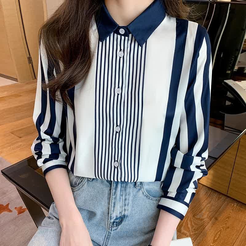 Stripe Print Long Sleeve Lapel Shirt Workwear