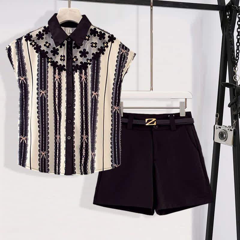 Stripe Print Mesh Chiffon T-Shirt Casual Belted Shorts