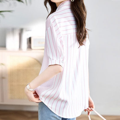 Stripe Print Short Sleeve Lapel Shirt