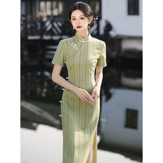 Stripe Short Sleeve Long Cheongsam - Female Hanfu