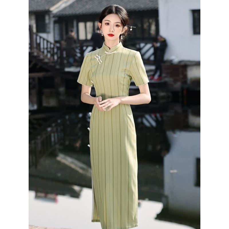 Stripe Short Sleeve Long Cheongsam - S - Female Hanfu