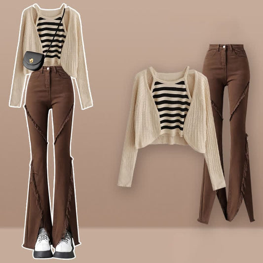 Stripe Vest Cardigan Fringed Split Denim Pants Set