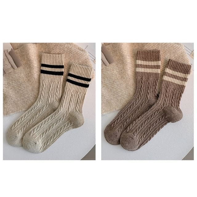 Striped Cable - Set of 2 Pair - Khaki & Coffee / One Size