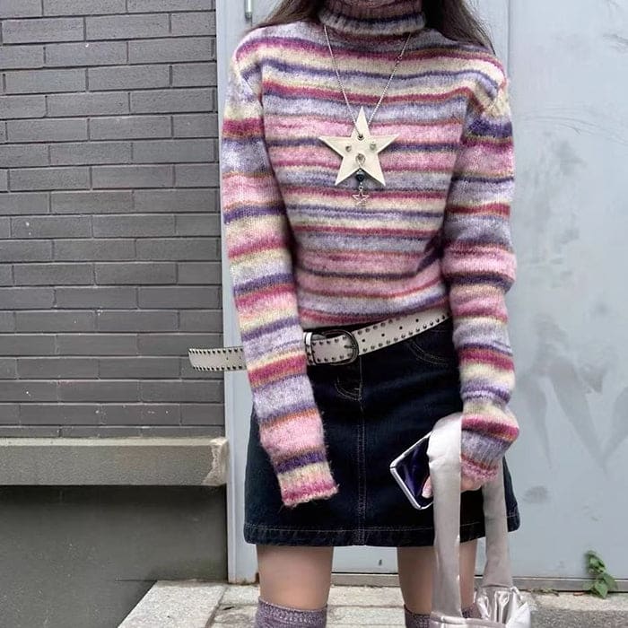 Striped Colorful Turtleneck Sweater - Sweater