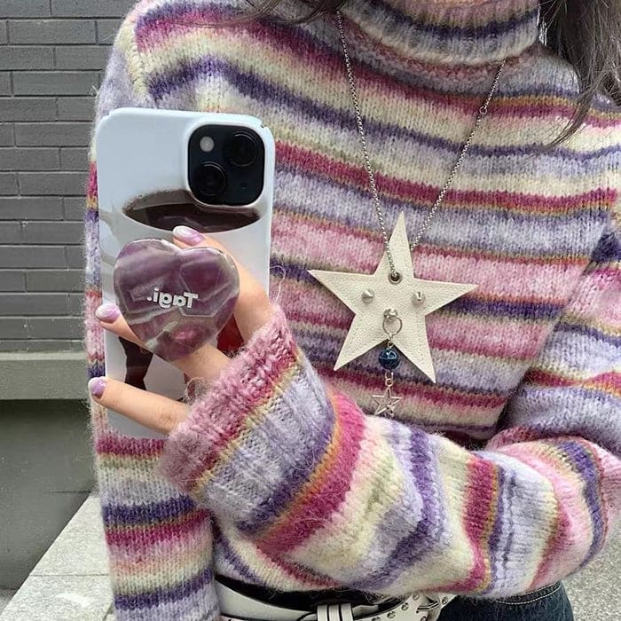 Striped Colorful Turtleneck Sweater - Sweater