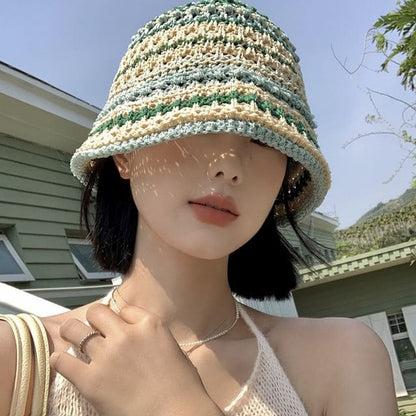 Striped Crochet Bucket Hat - Green & Beige / One Size