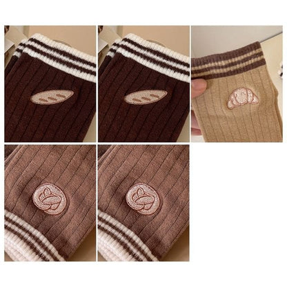 Striped Embroidered Ribbed Short Socks Set - Set of 5 Pairs