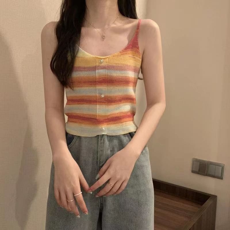 Striped Faux Pearl Button Knit Crop Camisole Top