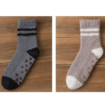 Striped Fleece Short Socks Set - 2 Pairs - Dark Gray & Dark