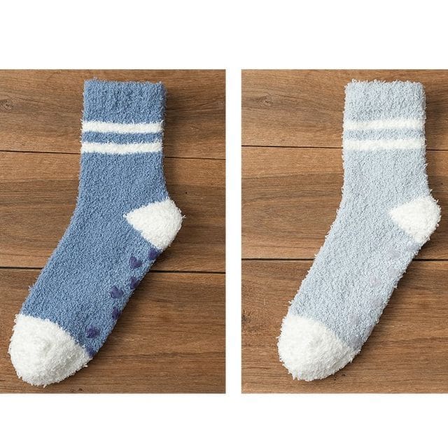 Striped Fleece Short Socks Set - Dark Blue & Light Blue