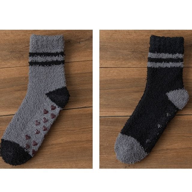 Striped Fleece Short Socks Set - Set of 2 Pairs - Dark Gray