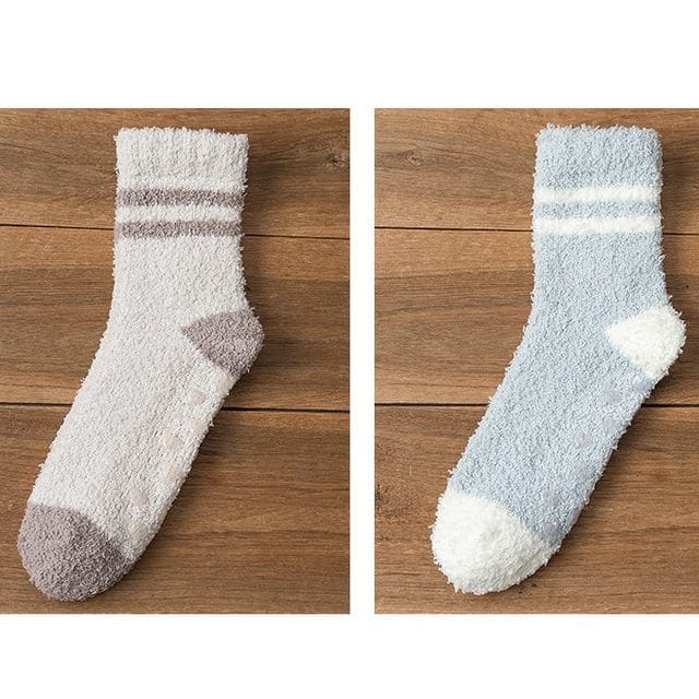 Striped Fleece Short Socks Set - Set of 2 Pairs - Light