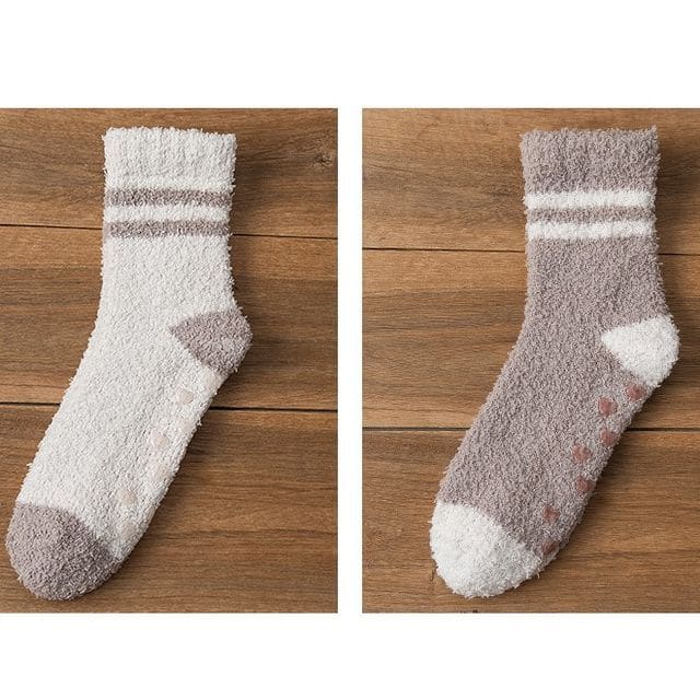 Striped Fleece Short Socks Set - Set of 2 Pairs - Light