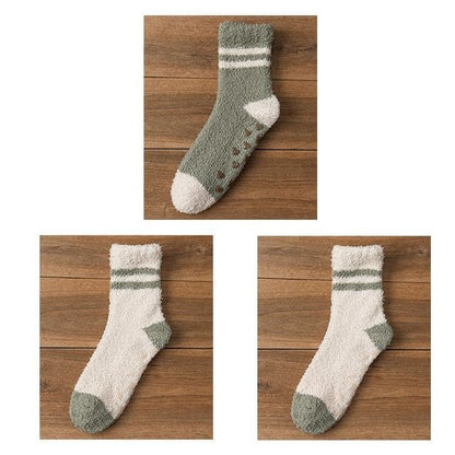 Striped Fleece Short Socks Set - Set of 3 Pairs - 1 Pair