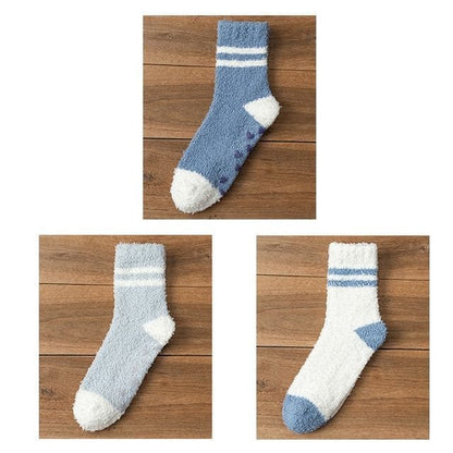 Striped Fleece Short Socks Set - Set of 3 Pairs - Dark Blue