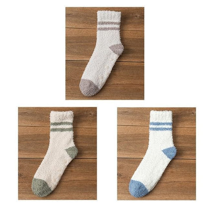 Striped Fleece Short Socks Set - Set of 3 Pairs - Light