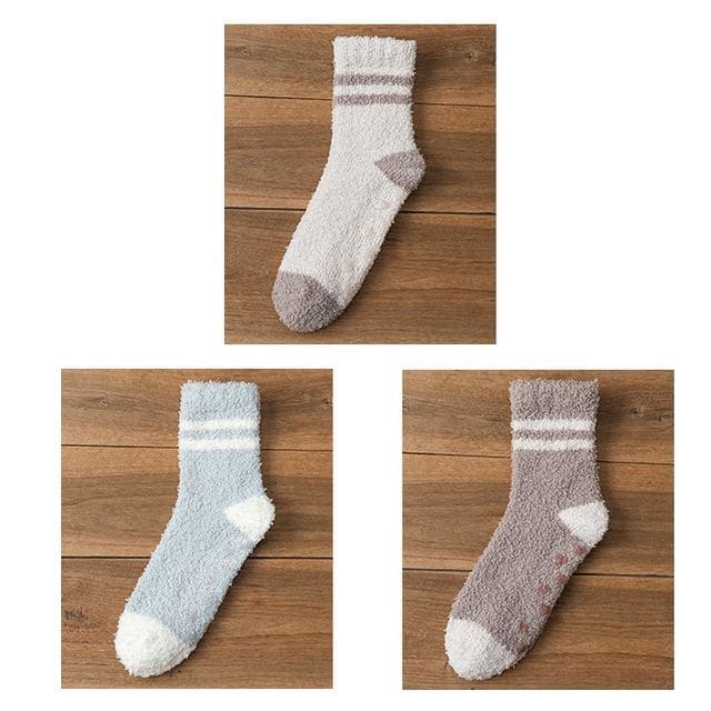 Striped Fleece Short Socks Set - Set of 3 Pairs - Light