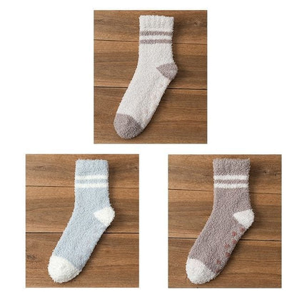 Striped Fleece Short Socks Set - Set of 3 Pairs - Light