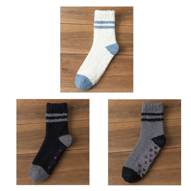 Striped Fleece Short Socks Set - Set of 3 Pairs - White &