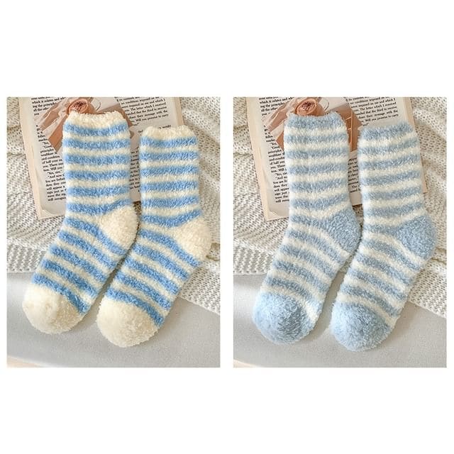 Striped Fleece Socks / Set - Set of 2 Pair - Dark Blue &