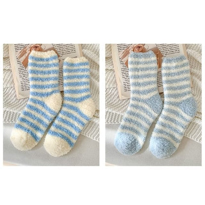 Striped Fleece Socks / Set - Set of 2 Pair - Dark Blue &