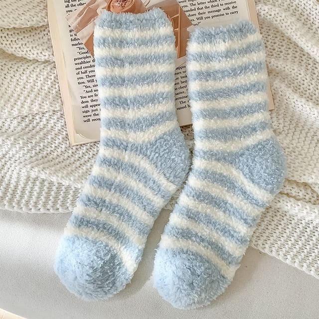 Striped Fleece Socks / Set - Set of 2 Pair - Light Blue