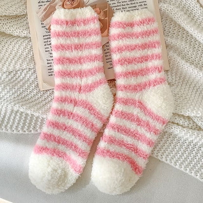 Striped Fleece Socks / Set - Set of 2 Pair - Pink / One Size