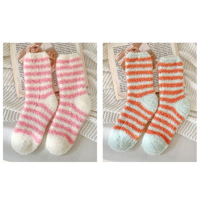 Striped Fleece Socks / Set - Set of 2 Pair - Pink &