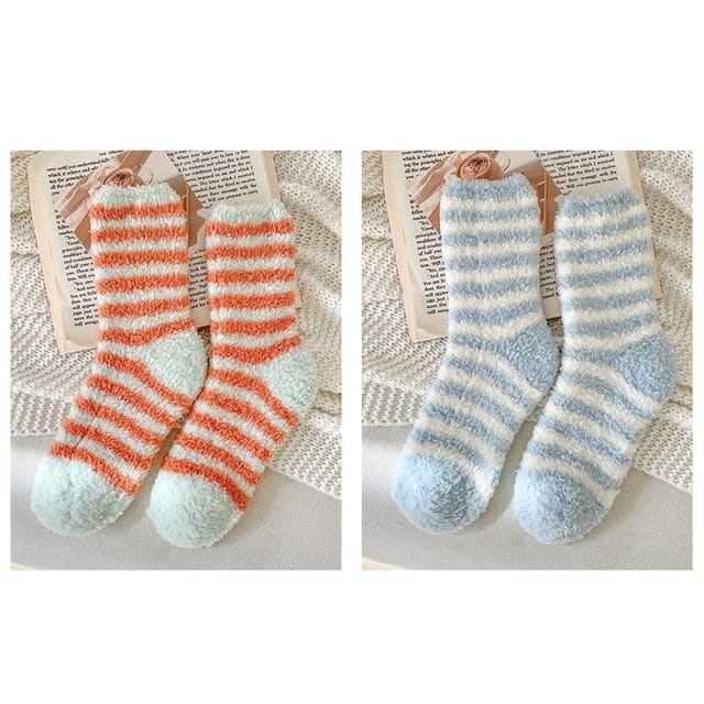 Striped Fleece Socks / Set - Set of 2 Pair - Tangerine Red