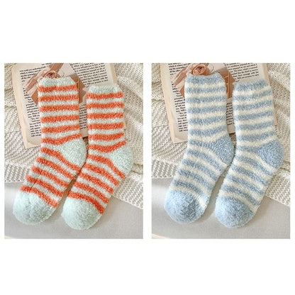 Striped Fleece Socks / Set - Set of 2 Pair - Tangerine Red