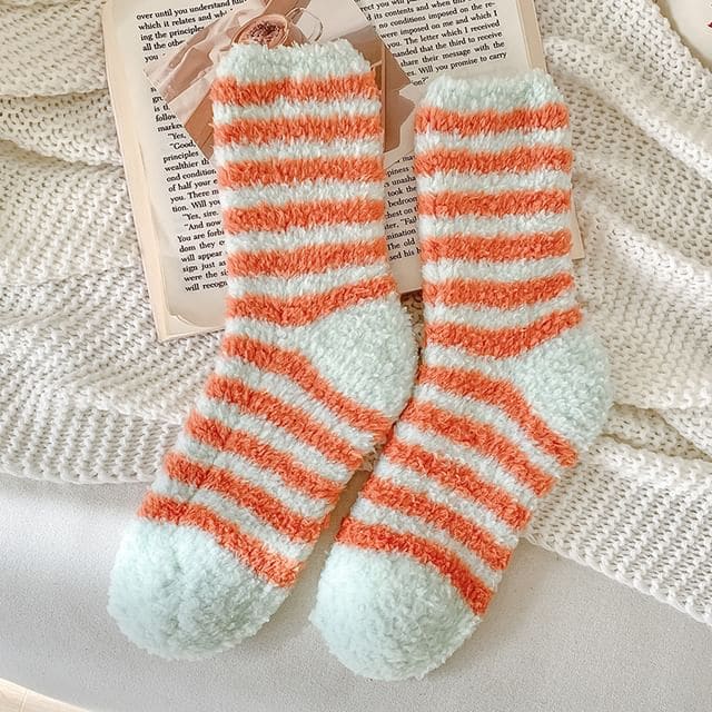 Striped Fleece Socks / Set - Set of 2 Pair - Tangerine Red