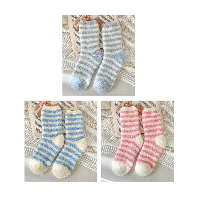 Striped Fleece Socks / Set - Set of 3 Pair - Light Blue &