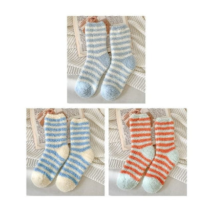 Striped Fleece Socks / Set - Set of 3 Pair - Light Blue &