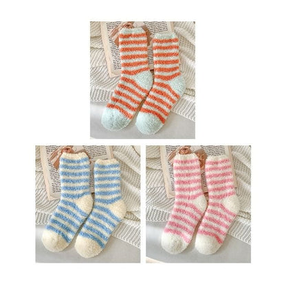 Striped Fleece Socks / Set - Set of 3 Pair - Tangerine Red