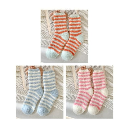 Striped Fleece Socks / Set - Set of 3 Pair - Tangerine Red