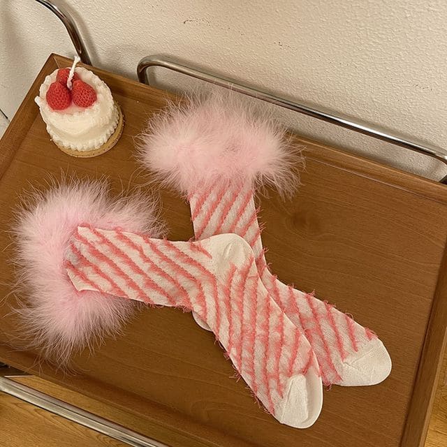 Striped Fluffy Trim Socks - Pink & White / One Size