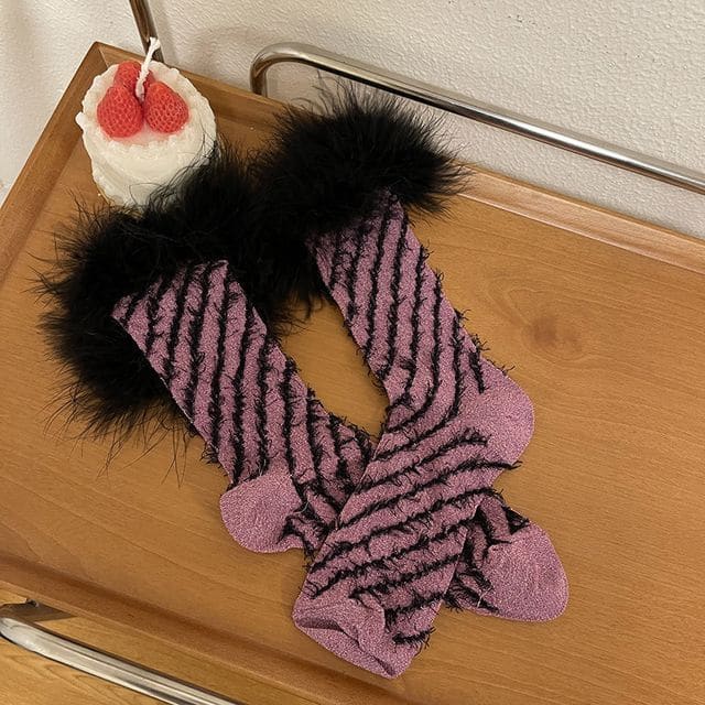 Striped Fluffy Trim Socks - Purple & Black / One Size