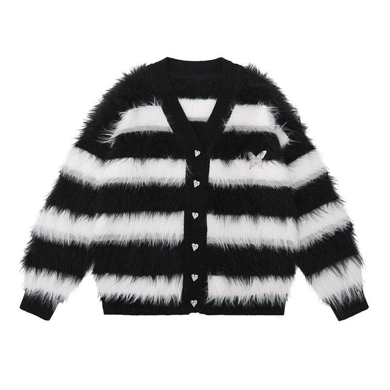 Striped Fuzzy Butterfly Cardigan - Cardigan