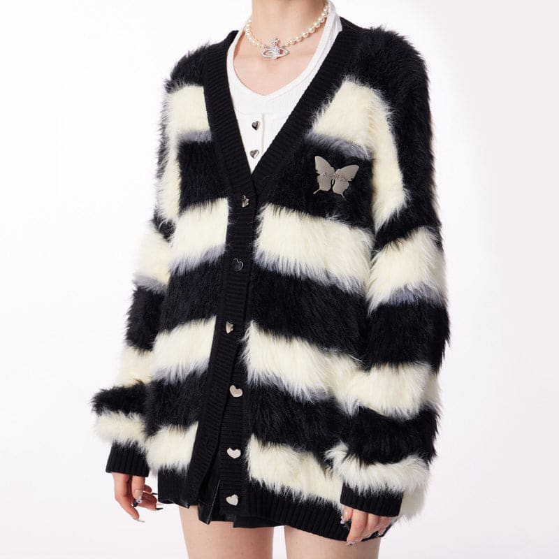 Striped Fuzzy Butterfly Cardigan - Cardigan