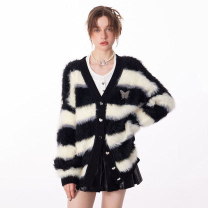 Striped Fuzzy Butterfly Cardigan - S / Black/white