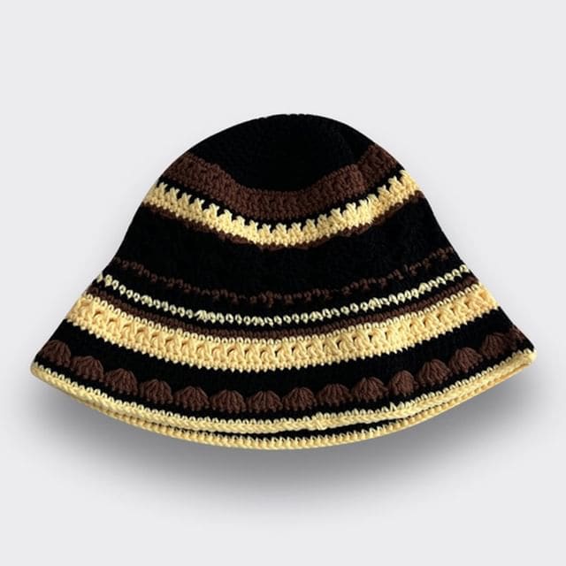 Striped Knit Bucket Hat - Black & Coffee / M