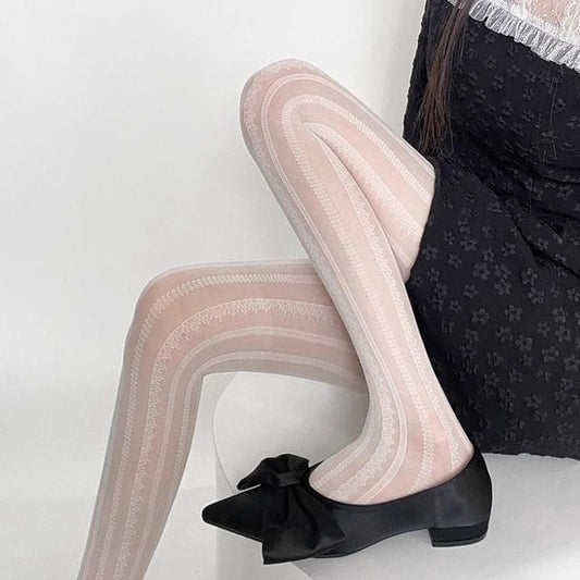 Striped Lace Trim Sheer Tights