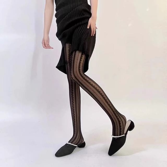 Striped Lace Trim Sheer Tights - Black / One Size