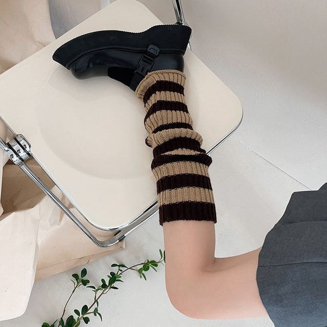 Striped Leg Warmers - Khaki / One Size