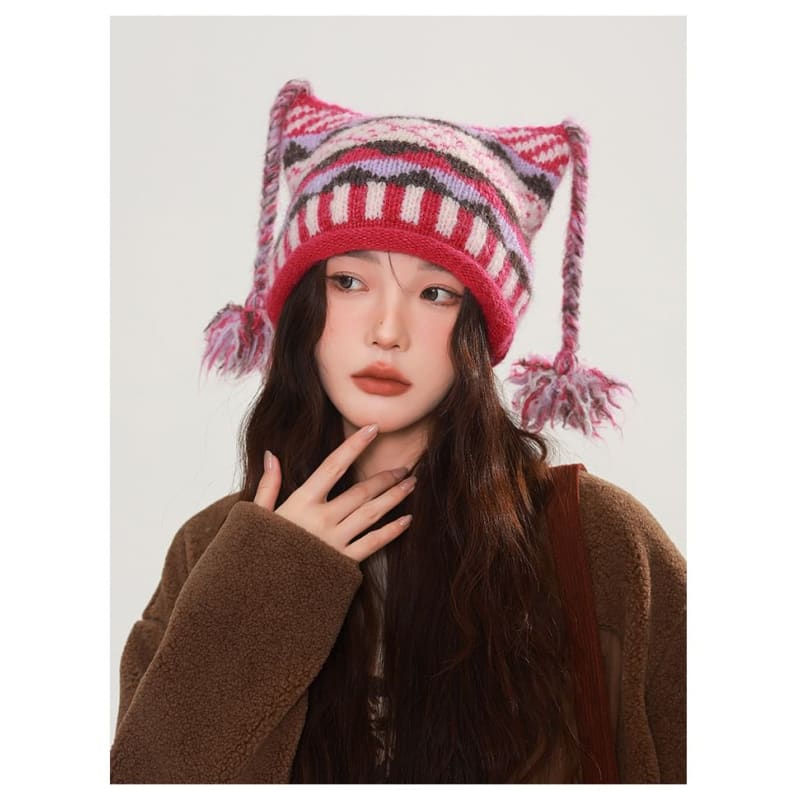 Striped Pom Pom Beanie