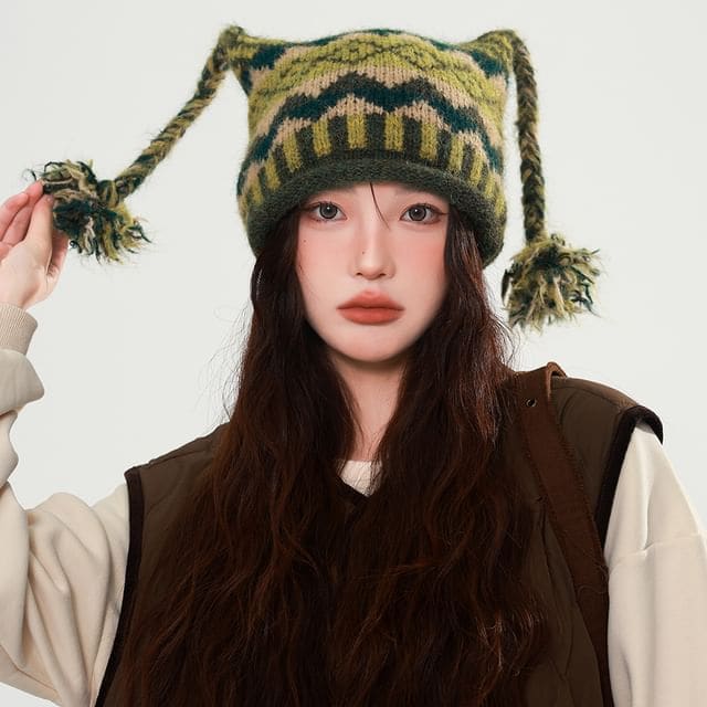 Striped Pom Pom Beanie - Green / One Size